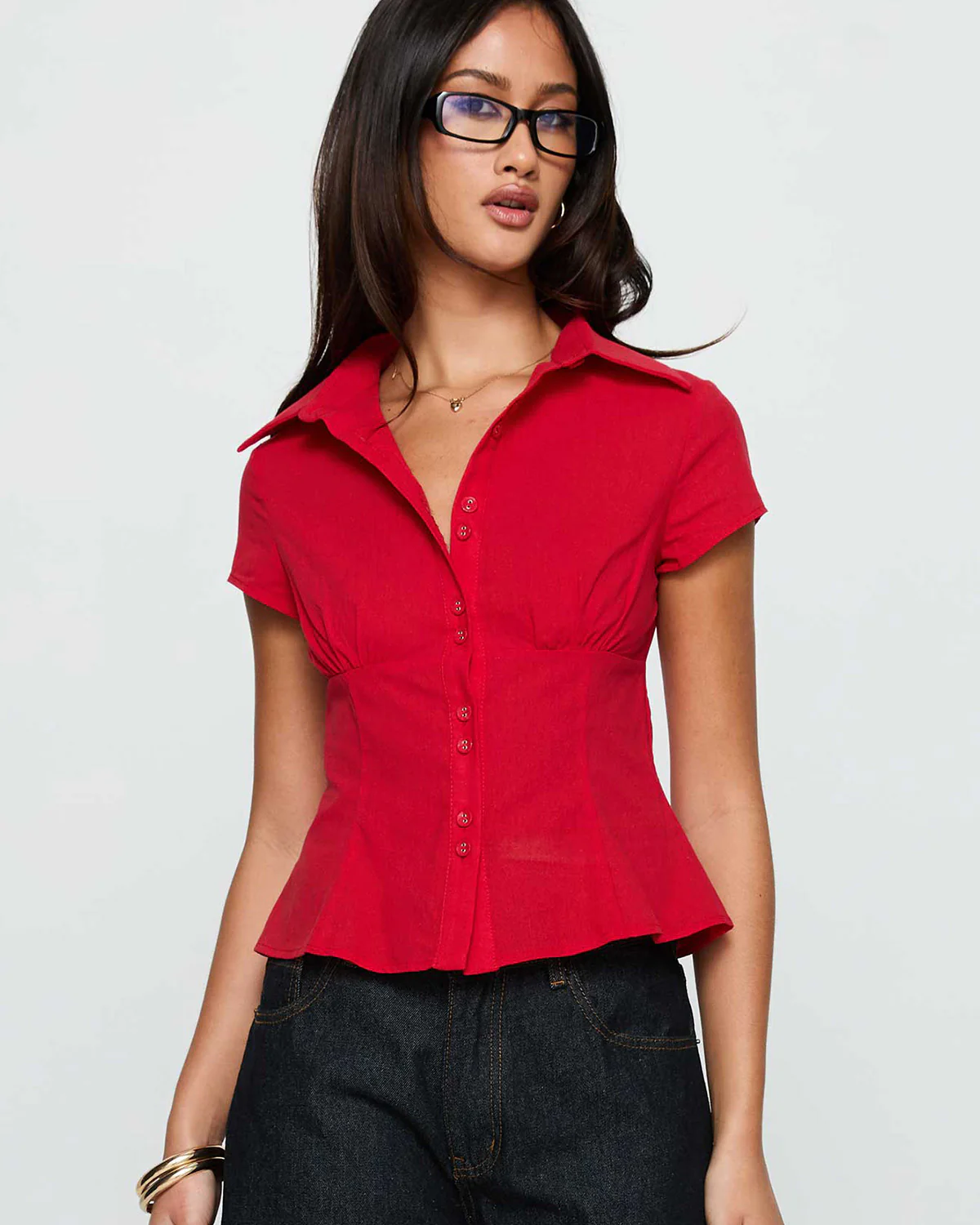 Red Waist Fitted Cotton Shirt - Image 2