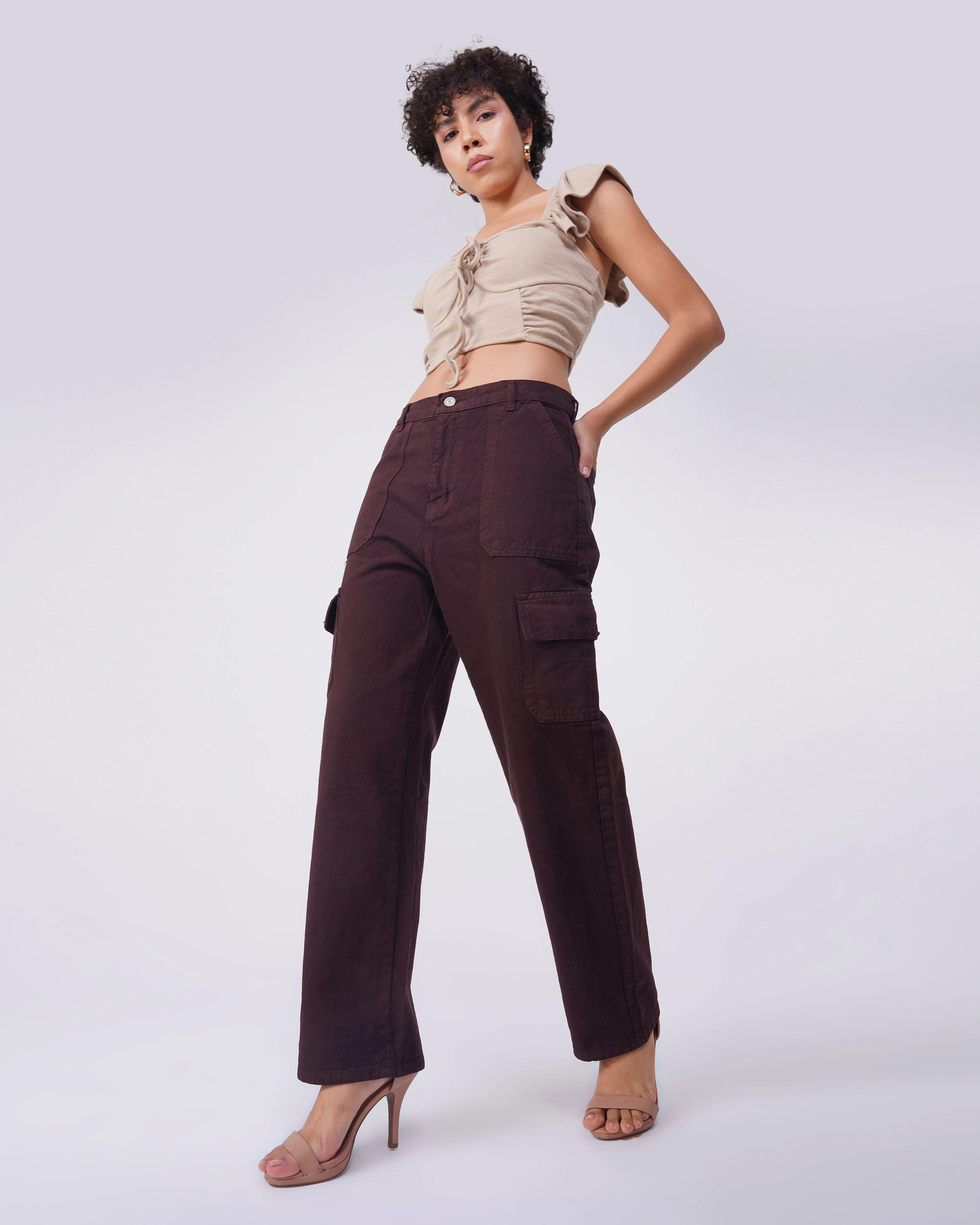Brown Solid Cargo Jeans