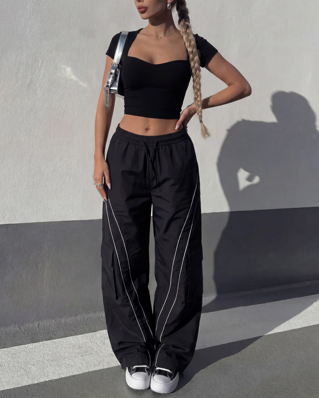 Sweet Heart Neckline Ribbed Top With Stripped Baggy Korean Pants - Image 5