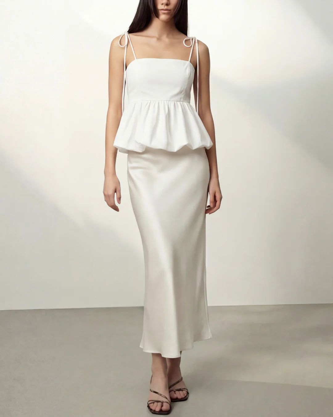 White Bubble Hem Camisole Top With Ivory Satin Skirt - Image 5