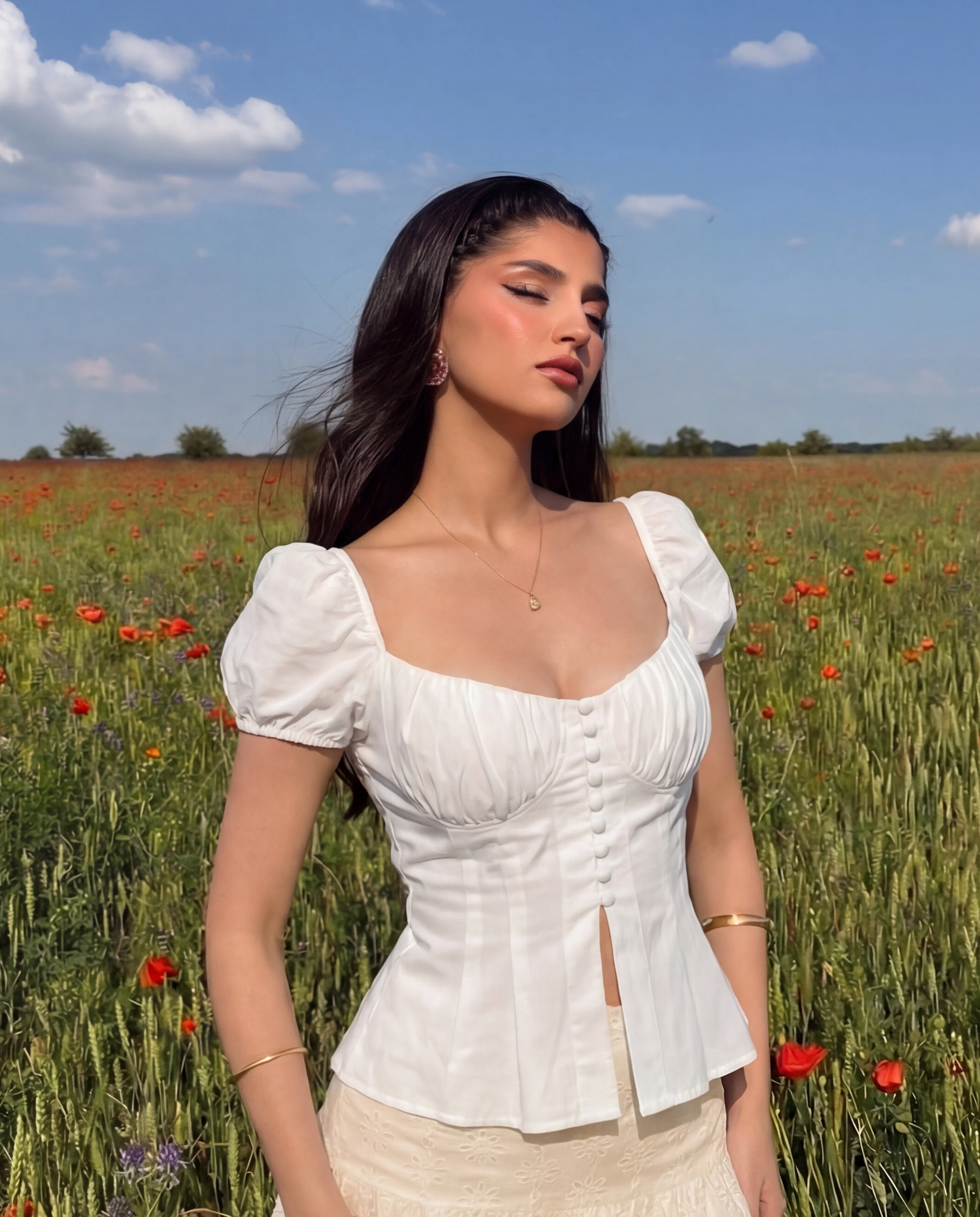 White Button Up Ruched Peplum Top - Image 6