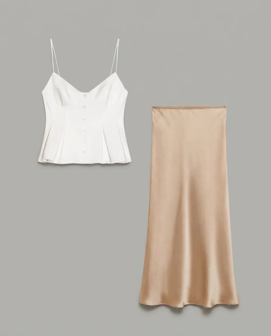 White Spaghetti Strap Peplum Top With Champagne Satin Skirt - Image 3