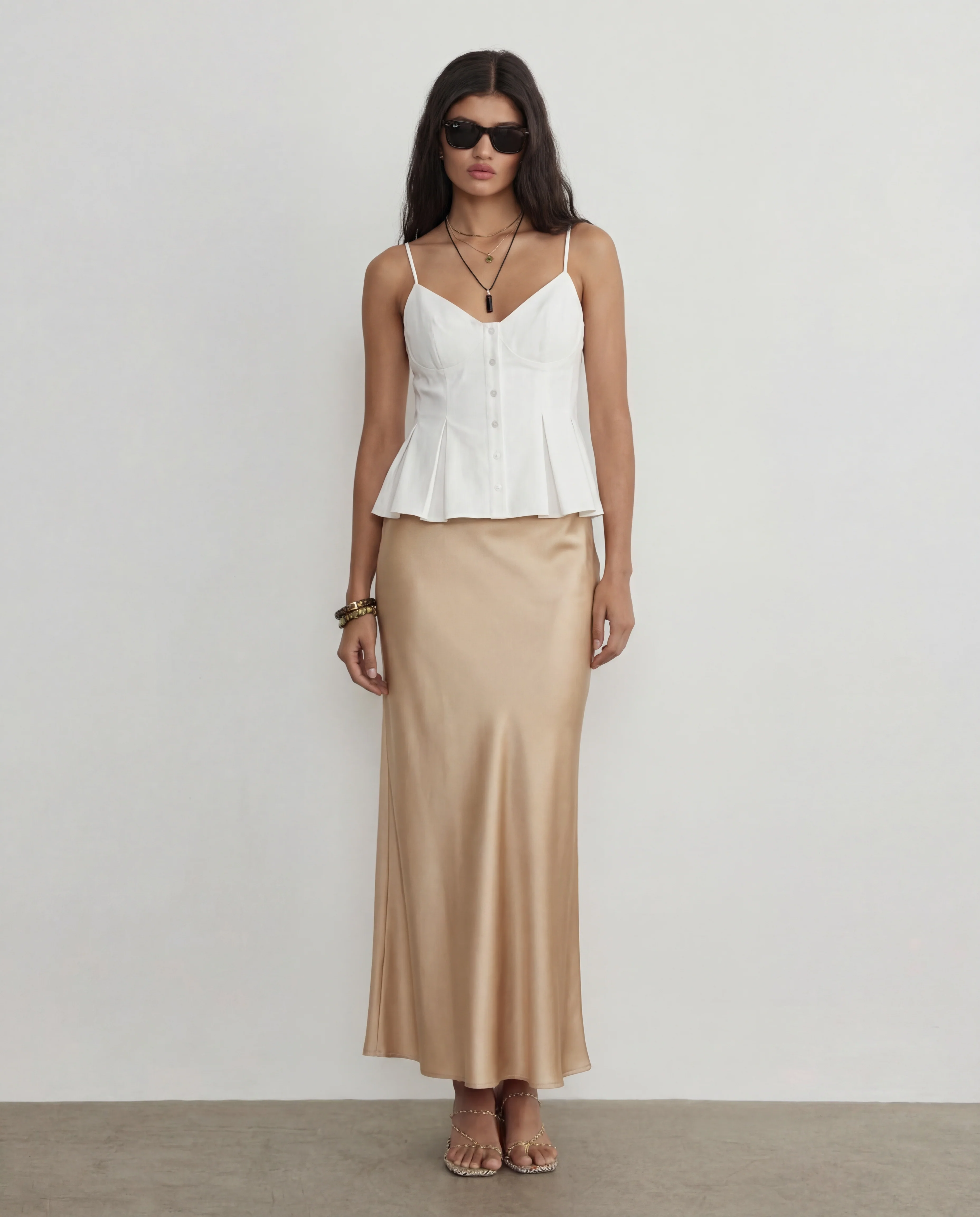 White Spaghetti Strap Peplum Top With Champagne Satin Skirt - Image 4