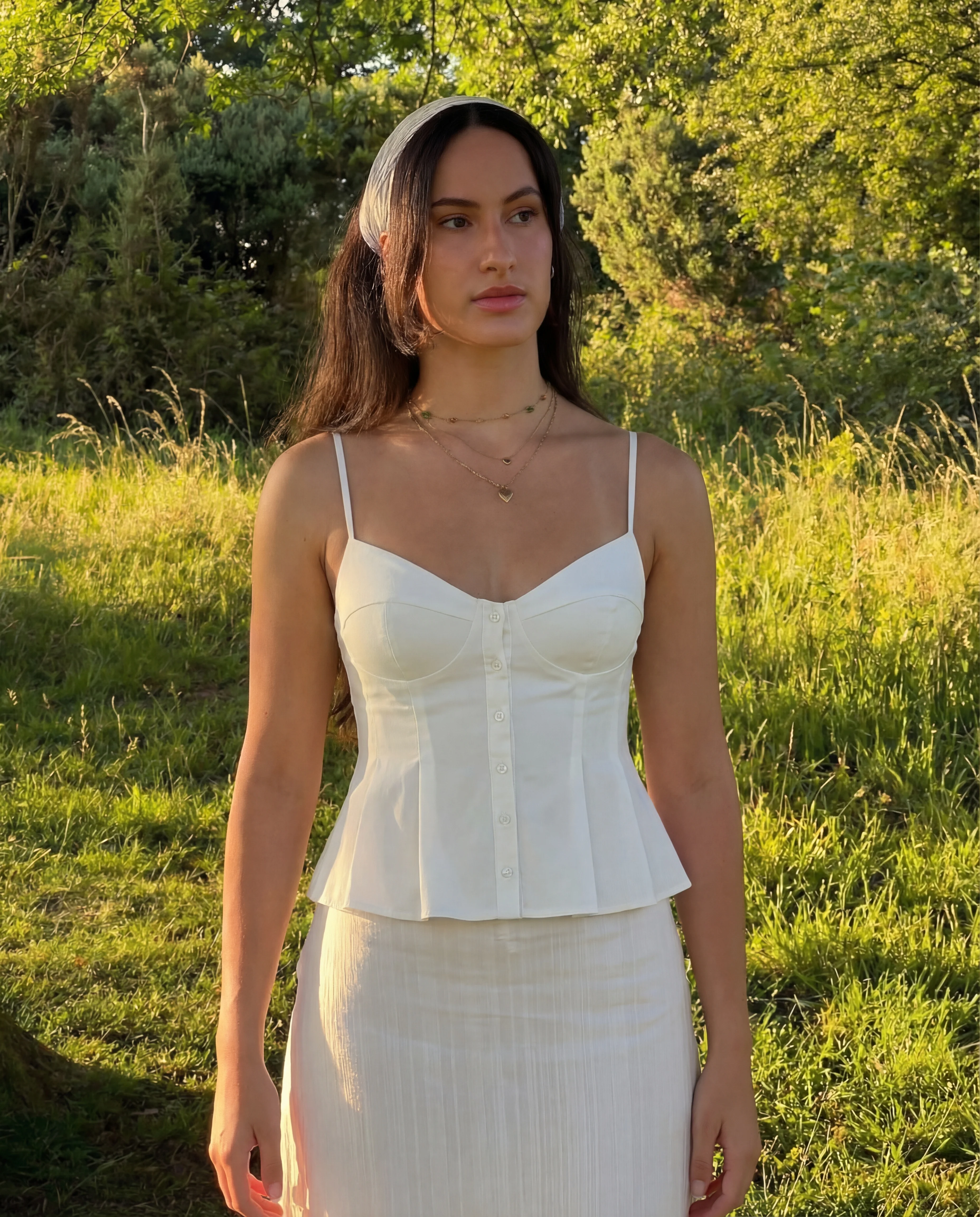White Spaghetti Strap Bustier Pleated Top