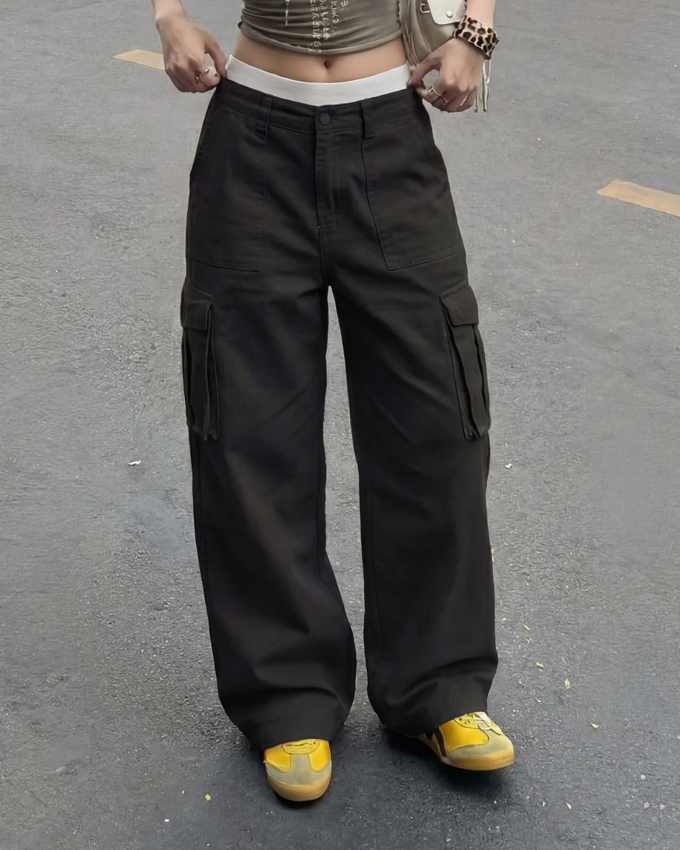 Black Wide Leg Adjustable Cargo